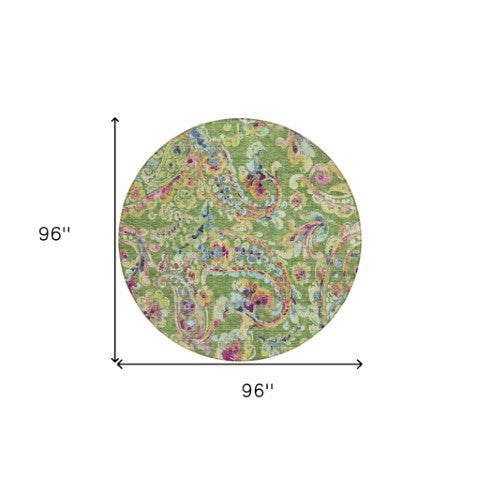 Homeroots 3' Artichoke Green And Pink Paisley Washable Area Rug - Perfect For Indoor And Outdoor Spaces! 8' Round Polyester 588608