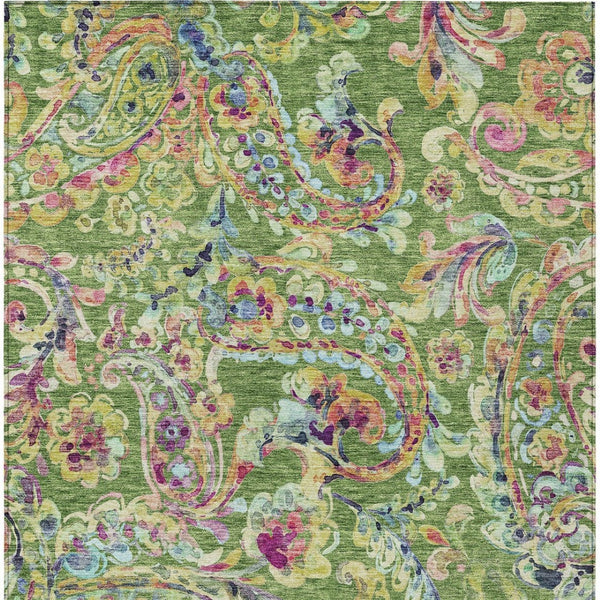 Homeroots 3' Artichoke Green And Pink Paisley Washable Area Rug - Perfect For Indoor And Outdoor Spaces! 8' X 10' Polyester 588609