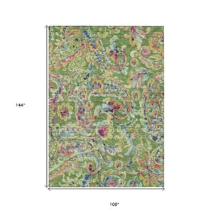 Homeroots 3' Artichoke Green And Pink Paisley Washable Area Rug - Perfect For Indoor And Outdoor Spaces! 9' X 12' Polyester 588610