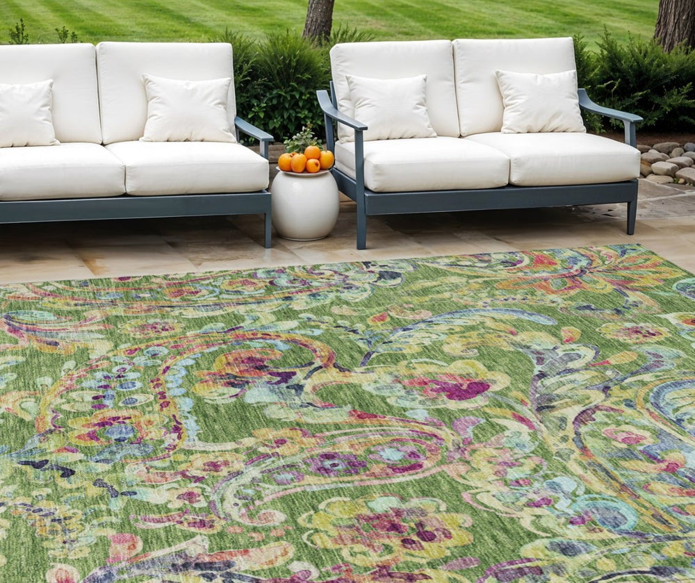 HomeRoots 9' Paisley Washable Area Rug in Fern and Artichoke Green - Durable, Stylish, Indoor/Outdoor Design 9' X 12' 588610