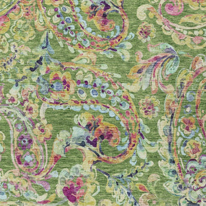 Homeroots 3' Artichoke Green And Pink Paisley Washable Area Rug - Perfect For Indoor And Outdoor Spaces! 9' X 12' Polyester 588610