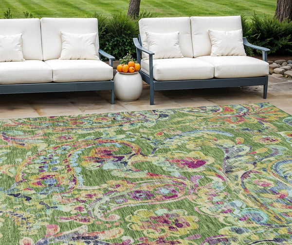 Homeroots 3' Artichoke Green And Pink Paisley Washable Area Rug - Perfect For Indoor And Outdoor Spaces! 10' X 14' Polyester 588611