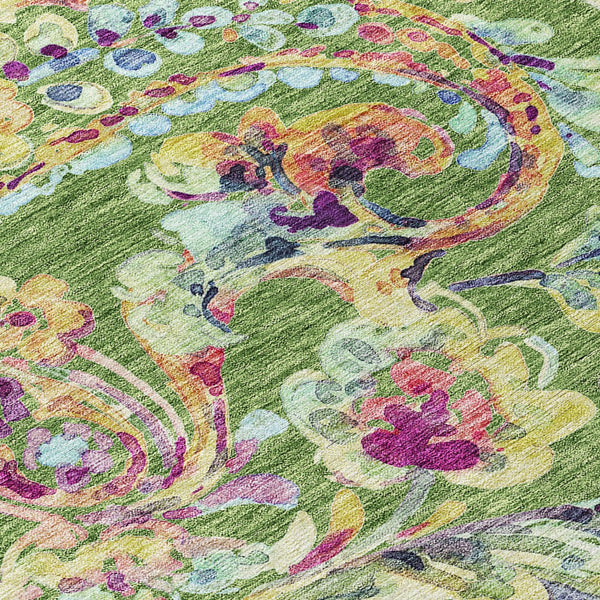 Homeroots 3' Artichoke Green And Pink Paisley Washable Area Rug - Perfect For Indoor And Outdoor Spaces! 10' X 14' Polyester 588611