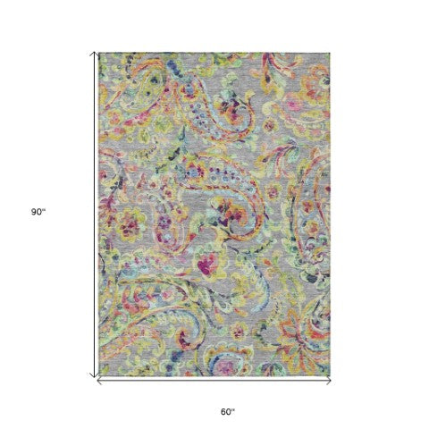 Homeroots 3' Artichoke Green And Pink Paisley Washable Area Rug - Perfect For Indoor And Outdoor Spaces! 5' X 8' Polyester 588613