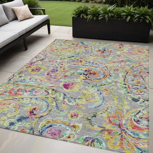 Homeroots 3' Artichoke Green And Pink Paisley Washable Area Rug - Perfect For Indoor And Outdoor Spaces! 5' X 8' Polyester 588613