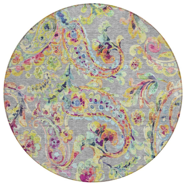 HomeRoots 5' Indoor Outdoor Area Rug in Gray Fern Green & Artichoke Paisley - Durable, Easy-Care Style 8' Round 588614