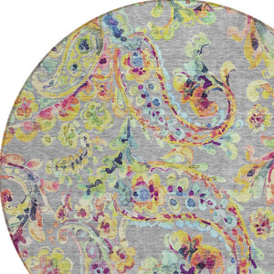 Homeroots 3' Artichoke Green And Pink Paisley Washable Area Rug - Perfect For Indoor And Outdoor Spaces! 8' Round Polyester 588614
