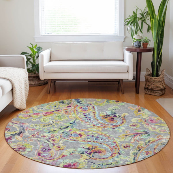Homeroots 3' Artichoke Green And Pink Paisley Washable Area Rug - Perfect For Indoor And Outdoor Spaces! 8' Round Polyester 588614