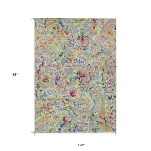 Homeroots 3' Artichoke Green And Pink Paisley Washable Area Rug - Perfect For Indoor And Outdoor Spaces! 10' X 14' Polyester 588617