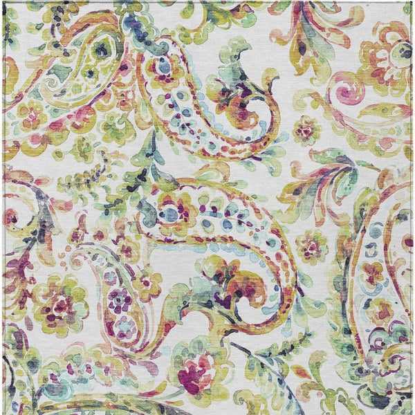 Homeroots 3' Artichoke Green And Pink Paisley Washable Area Rug - Perfect For Indoor And Outdoor Spaces! 5' X 8' Polyester 588619