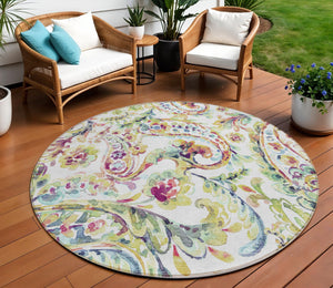 Homeroots 3' Artichoke Green And Pink Paisley Washable Area Rug - Perfect For Indoor And Outdoor Spaces! 8' Round Polyester 588620