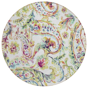 HomeRoots 5' Washable Indoor Outdoor Area Rug in Ivory, Fern Green & Artichoke Paisley - Durable & Stylish 8' Round 588620