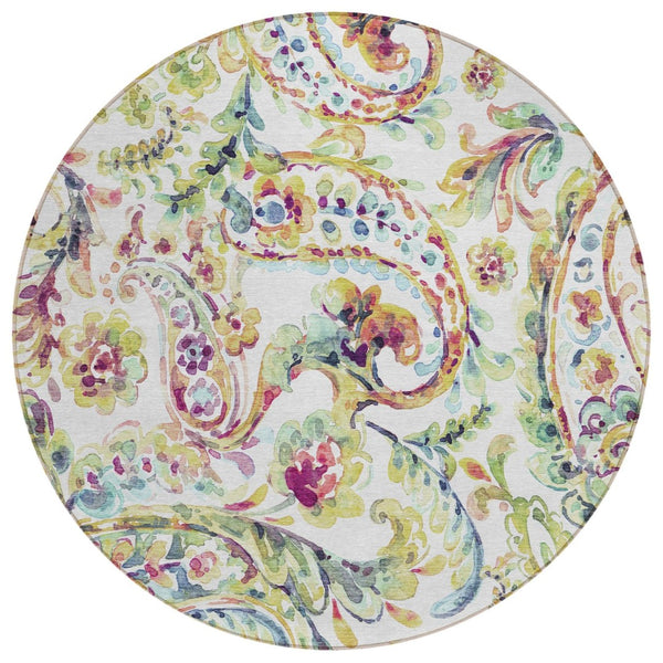 HomeRoots 5' Washable Indoor Outdoor Area Rug in Ivory, Fern Green & Artichoke Paisley - Durable & Stylish 8' Round 588620