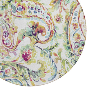 Homeroots 3' Artichoke Green And Pink Paisley Washable Area Rug - Perfect For Indoor And Outdoor Spaces! 8' Round Polyester 588620