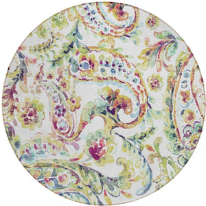 Homeroots 3' Artichoke Green And Pink Paisley Washable Area Rug - Perfect For Indoor And Outdoor Spaces! 8' Round Polyester 588620