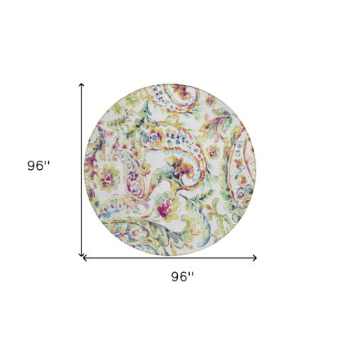 Homeroots 3' Artichoke Green And Pink Paisley Washable Area Rug - Perfect For Indoor And Outdoor Spaces! 8' Round Polyester 588620