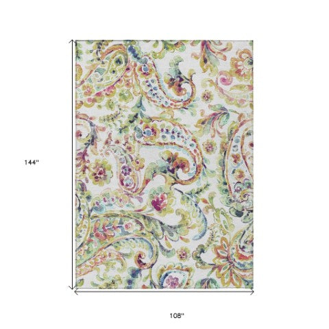 Homeroots 3' Artichoke Green And Pink Paisley Washable Area Rug - Perfect For Indoor And Outdoor Spaces! 9' X 12' Polyester 588622