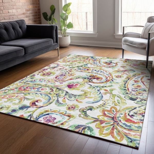 Homeroots 3' Artichoke Green And Pink Paisley Washable Area Rug - Perfect For Indoor And Outdoor Spaces! 10' X 14' Polyester 588623