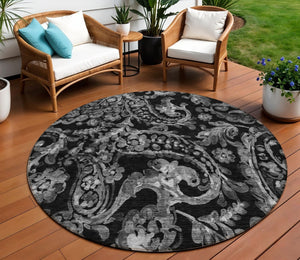 HomeRoots 5' Washable Indoor Outdoor Area Rug in Black Gray Charcoal Paisley - Stylish, Durable, Easy Clean 8' Round 588632