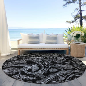 HomeRoots 5' Washable Indoor Outdoor Area Rug in Black Gray Charcoal Paisley - Stylish, Durable, Easy Clean 8' Round 588632