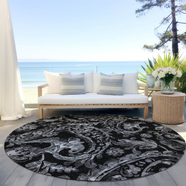 HomeRoots 5' Washable Indoor Outdoor Area Rug in Black Gray Charcoal Paisley - Stylish, Durable, Easy Clean 8' Round 588632