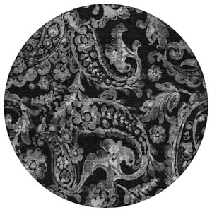 HomeRoots 5' Washable Indoor Outdoor Area Rug in Black Gray Charcoal Paisley - Stylish, Durable, Easy Clean 8' Round 588632