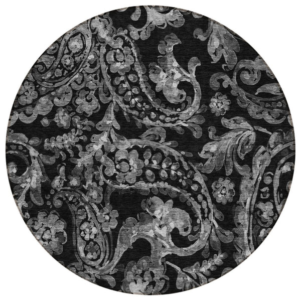 HomeRoots 5' Washable Indoor Outdoor Area Rug in Black Gray Charcoal Paisley - Stylish, Durable, Easy Clean 8' Round 588632