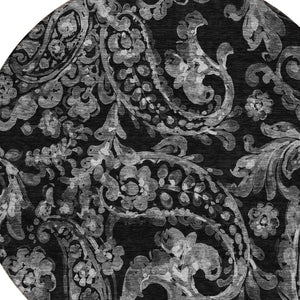 HomeRoots 5' Washable Indoor Outdoor Area Rug in Black Gray Charcoal Paisley - Stylish, Durable, Easy Clean 8' Round 588632