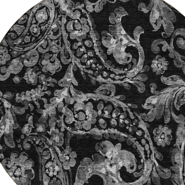 HomeRoots 5' Washable Indoor Outdoor Area Rug in Black Gray Charcoal Paisley - Stylish, Durable, Easy Clean 8' Round 588632