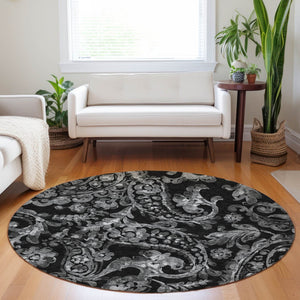 HomeRoots 5' Washable Indoor Outdoor Area Rug in Black Gray Charcoal Paisley - Stylish, Durable, Easy Clean 8' Round 588632