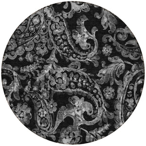 HomeRoots 5' Washable Indoor Outdoor Area Rug in Black Gray Charcoal Paisley - Stylish, Durable, Easy Clean 8' Round 588632