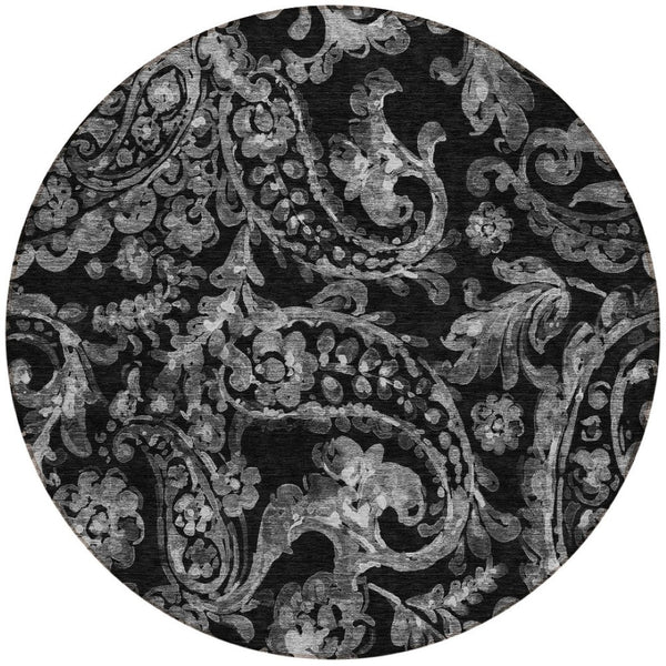 HomeRoots 5' Washable Indoor Outdoor Area Rug in Black Gray Charcoal Paisley - Stylish, Durable, Easy Clean 8' Round 588632