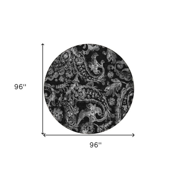 HomeRoots 5' Washable Indoor Outdoor Area Rug in Black Gray Charcoal Paisley - Stylish, Durable, Easy Clean 8' Round 588632
