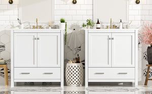 English Elm Modern 48 Inch Freestanding Bathroom Vanity Dual Ceramic Sinks Soft Close Gold Handles White N729P000001K