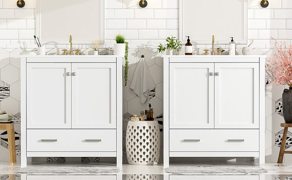 English Elm Modern 48 Inch Freestanding Bathroom Vanity Dual Ceramic Sinks Soft Close Gold Handles White N729P000001K