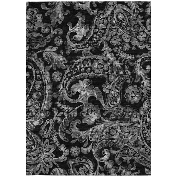 HomeRoots 5' Washable Indoor Outdoor Area Rug in Black Gray Charcoal Paisley - Stylish, Durable, Easy Clean 10' X 14' 588635