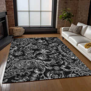 HomeRoots 5' Washable Indoor Outdoor Area Rug in Black Gray Charcoal Paisley - Stylish, Durable, Easy Clean 10' X 14' 588635