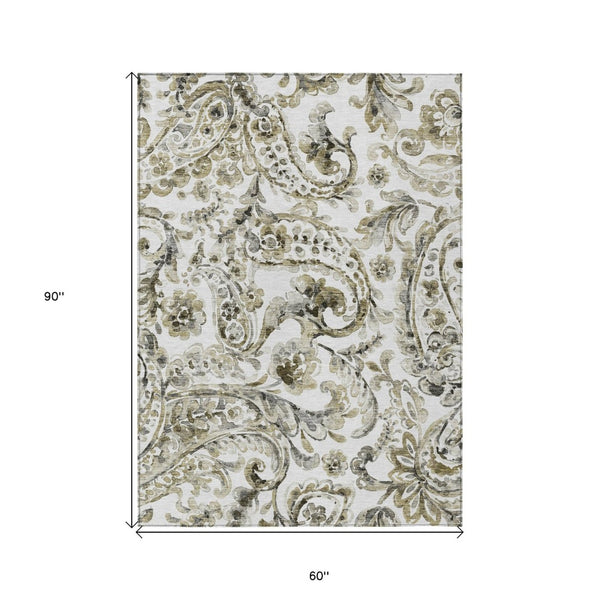 HomeRoots 5' Washable Indoor Outdoor Area Rug in Brown, Ivory & Tan Paisley - Durable & Stylish Décor Solution 5' X 8' 588637