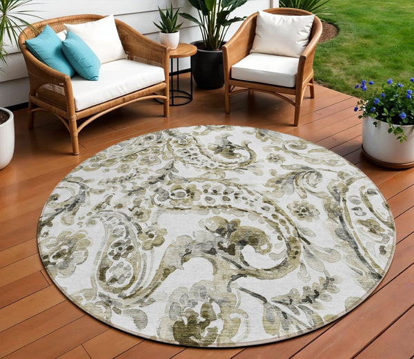 HomeRoots 5' Washable Indoor Outdoor Area Rug in Brown, Ivory & Tan Paisley - Durable & Stylish Décor Solution 8' Round 588638