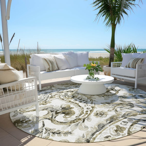 HomeRoots 5' Washable Indoor Outdoor Area Rug in Brown, Ivory & Tan Paisley - Durable & Stylish Décor Solution 8' Round 588638