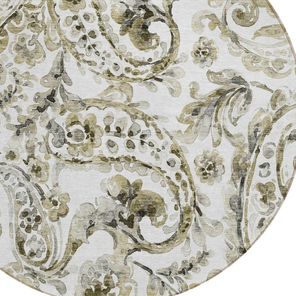 HomeRoots 5' Washable Indoor Outdoor Area Rug in Brown, Ivory & Tan Paisley - Durable & Stylish Décor Solution 8' Round 588638