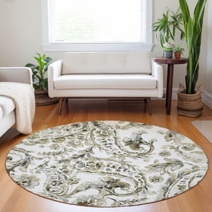 HomeRoots 5' Washable Indoor Outdoor Area Rug in Brown, Ivory & Tan Paisley - Durable & Stylish Décor Solution 8' Round 588638