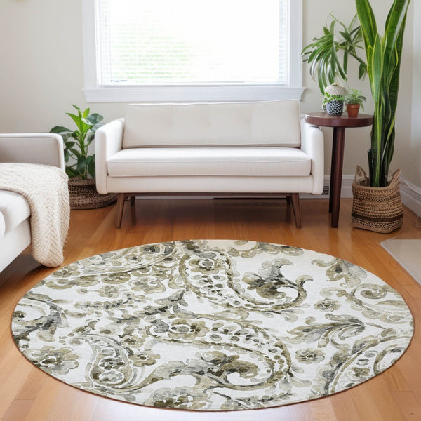 HomeRoots 5' Washable Indoor Outdoor Area Rug in Brown, Ivory & Tan Paisley - Durable & Stylish Décor Solution 8' Round 588638