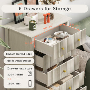 English Elm Fluted Mid-Century 5-Drawer Dresser with Metal Handles — Stylish Vertical Grooves, Sturdy Storage Solution Beige 42.32 L x 21.06 W x 11.81 H W1716P330709