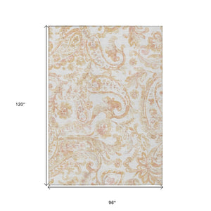 HomeRoots 5' Coral Ivory Peach Paisley Area Rug - Stylish, Durable, Washable for Indoor & Outdoor Spaces 8' X 10' 588645