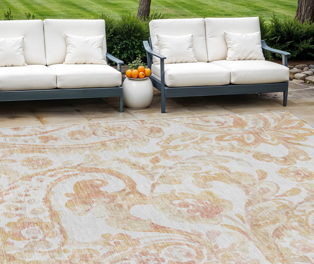 Homeroots 3' Beige Tan And Ivory Paisley Washable Area Rug For Indoor Outdoor Use – Durable, Stylish Decor 9' X 12' Polyester 588646