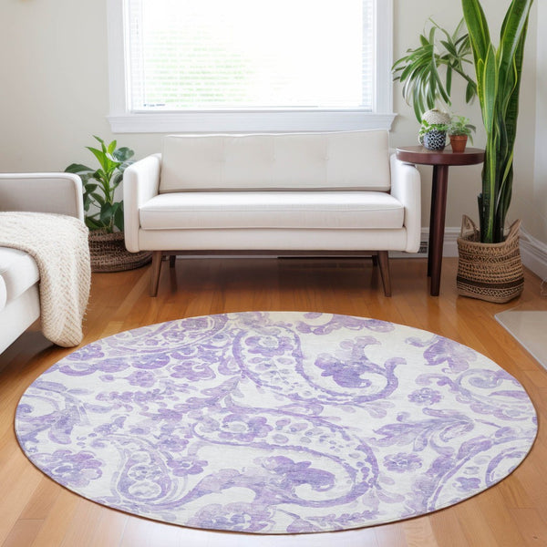 HomeRoots 5' Stylish Lavender Paisley Area Rug for Indoor & Outdoor Use - Durable, Washable, and Chic Décor 8' Round 588650