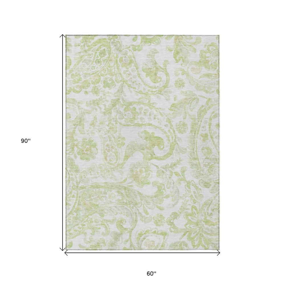 HomeRoots 5' Sage Green and Ivory Paisley Area Rug - Durable, Washable Design for Indoor and Outdoor Spaces 5' X 8' 588655
