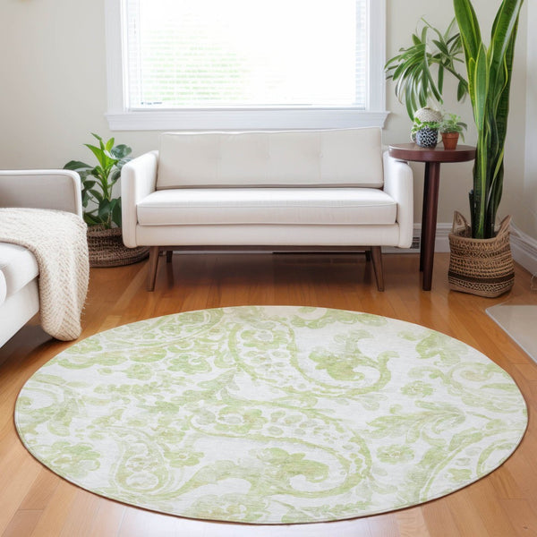 HomeRoots 5' Sage Green and Ivory Paisley Area Rug - Durable, Washable Design for Indoor and Outdoor Spaces 8' Round 588656