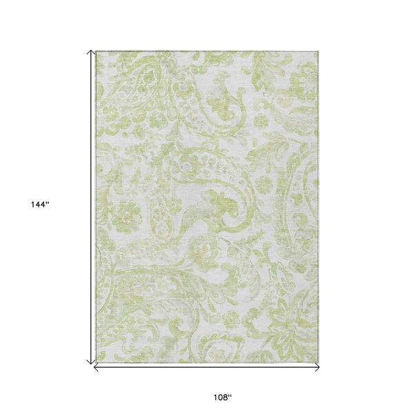 HomeRoots 9' Sage Green and Ivory Paisley Area Rug - Durable, Washable Design for Indoor and Outdoor Spaces 9' X 12' 588658